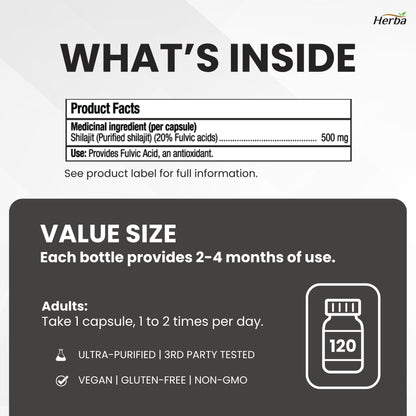 Himalayan Shilajit for Women &amp; Men – 120 Capsules | 1000mg Per Serving (500mg Each) | 15:1 Extract | Fulvic Acid Supplement | Made in Canada