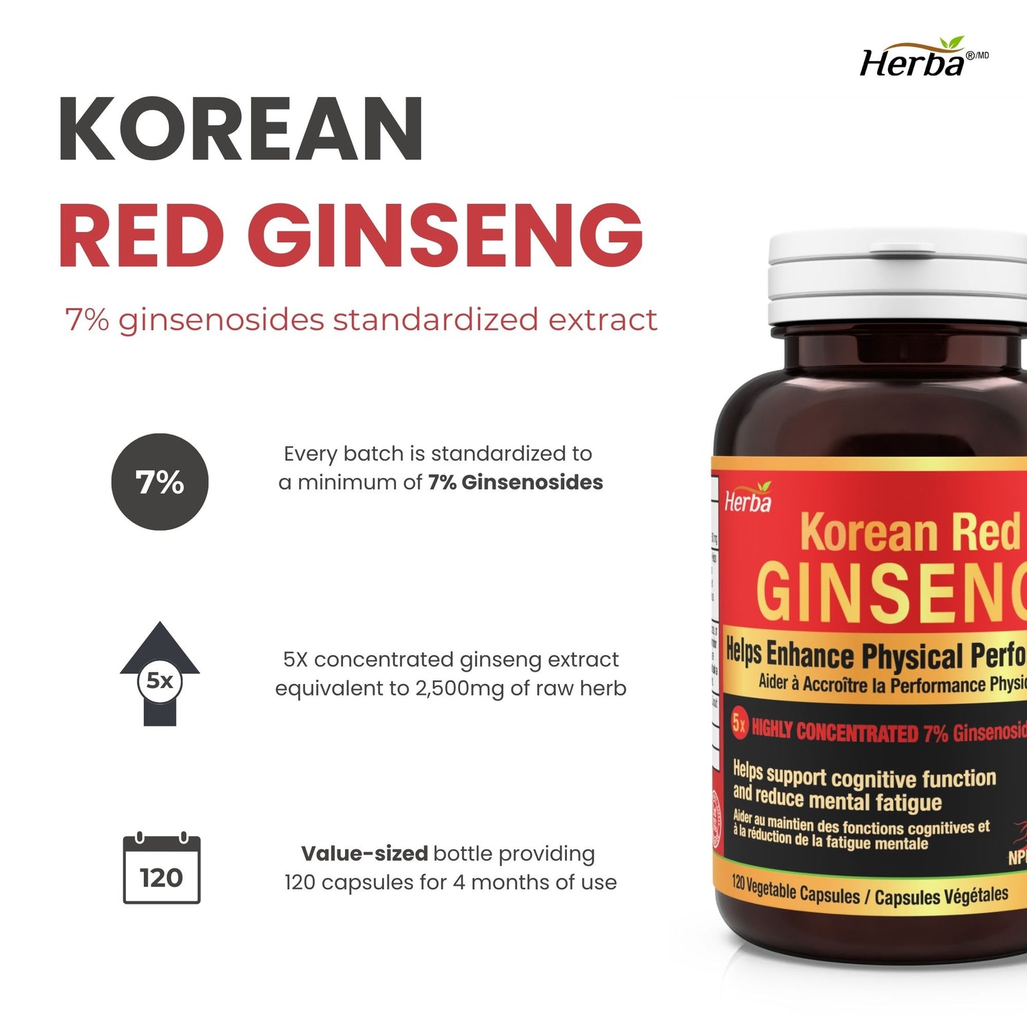 Korean Red Ginseng Extract Capsules – 5:1, 2500mg Equivalent | 120 Vegetable Capsules