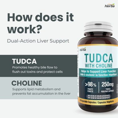 TUDCA Supplement for Liver – 30 Capsules | >98% Purity | Purified Bile Salts Supplements | 250mg TUDCA + Choline | Made in Canada