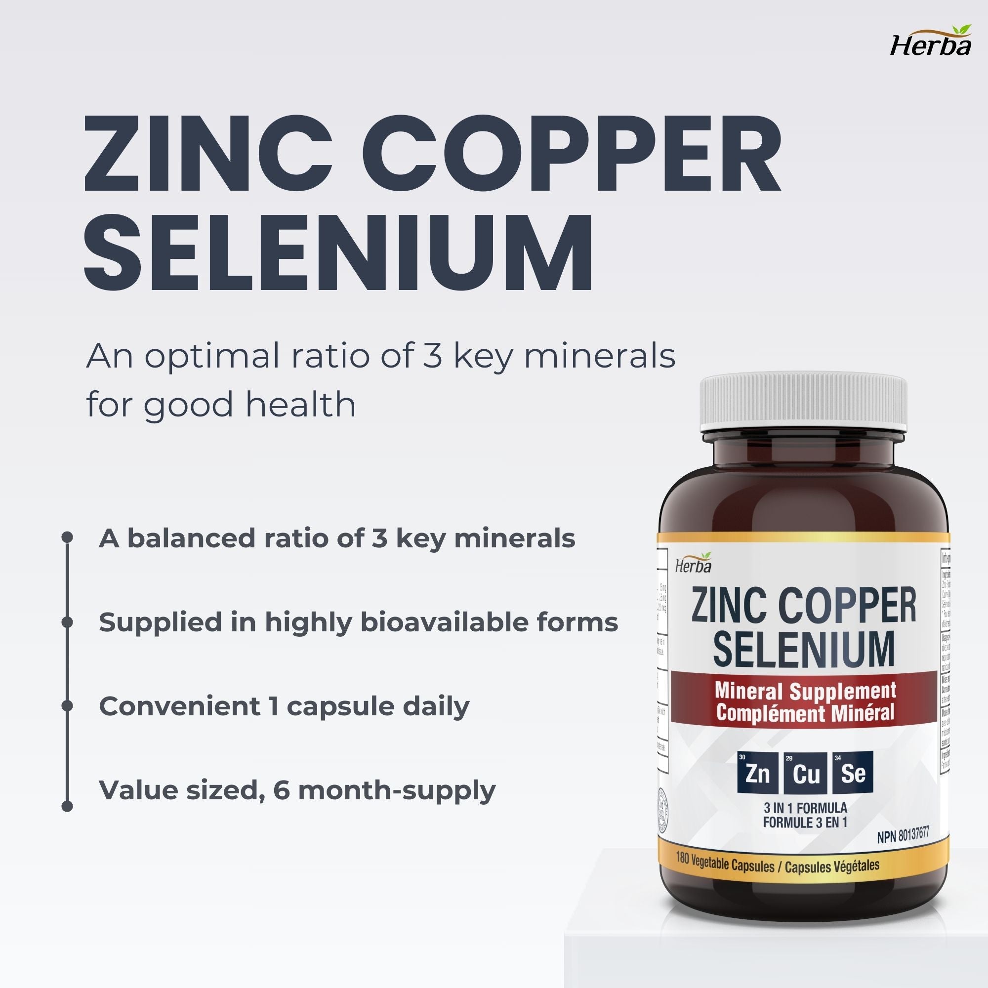 Zinc Copper Selenium Supplement - 180 Capsules | Made in Canada