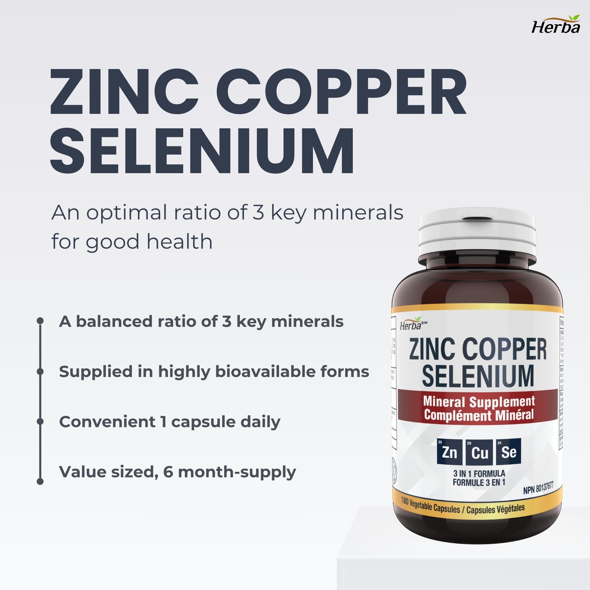 Complément de Zinc Cuivre Sélénium - 180 Capsules | Fabriqué au Canada