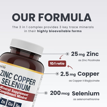 Zinc Copper Selenium Supplement - 180 Capsules | Made in Canada