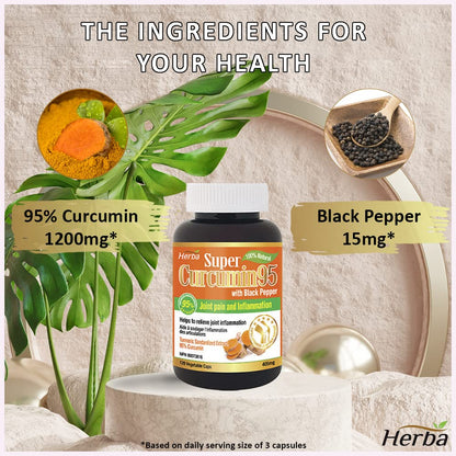 Herba Turmeric Curcumin Capsules with Black Pepper | 120 Capsules | 95% Curcuminoids Turmeric Capsules for Inflammation