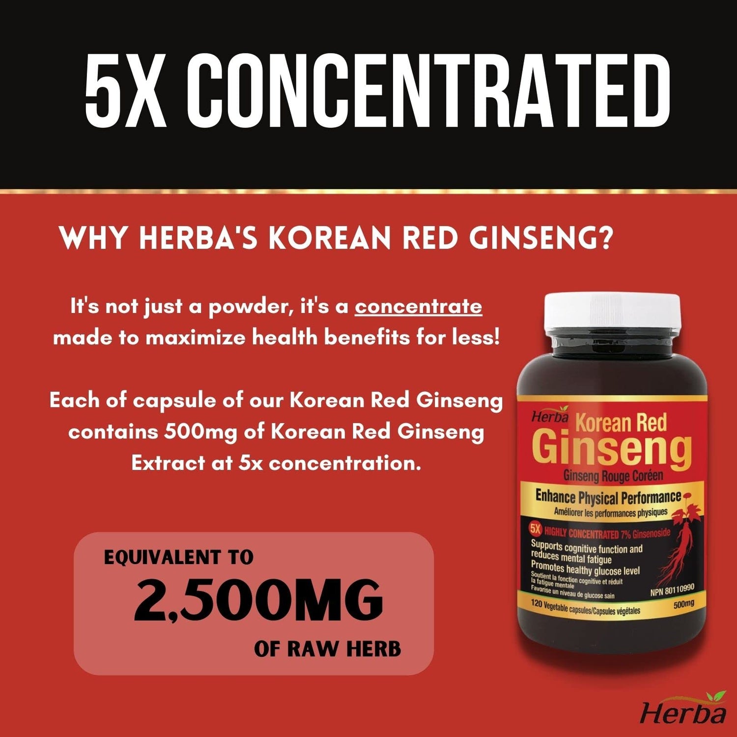 Herba Korean Red Ginseng Extract Pills – 120 Vegetable Capsules | 2500mg Equivalent - 5:1 Extract From 500mg