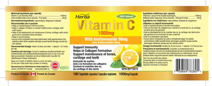 Herba Vitamin C 1000mg Capsules – 180 Capsules | Vitamin C with Bioflavonoids