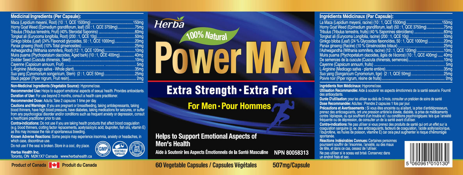 Herba Power Max - 60 Capsules | Tongkat Ali, Maca, Tribulus, Panax Ginseng and 9 Other Ingredients