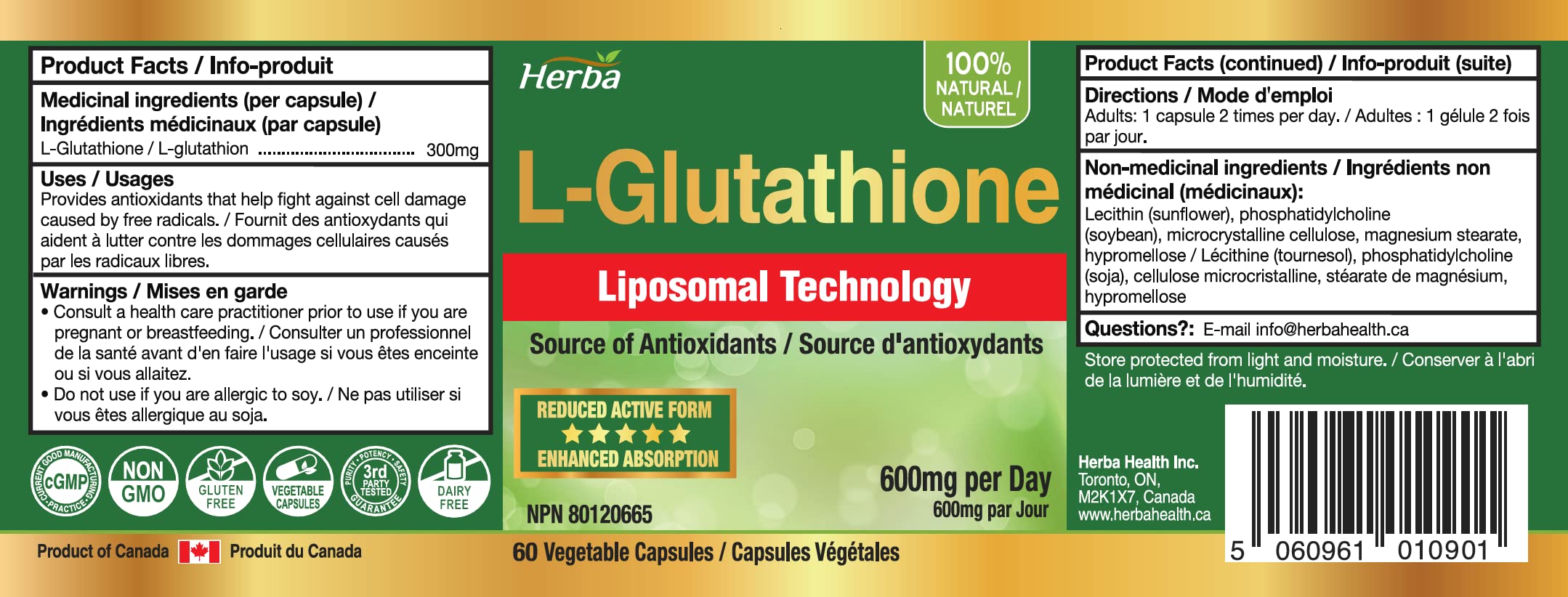 Herba Liposomal Glutathione Supplement - 600mg Per Day | 60 Vegetable Capsules