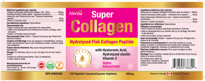 Herba Super Collagen 560mg, 120 Capsules | Type 1 and Type 3 Collagen with Hyaluronic Acid, Elastin, Vitamin C | Fish Peptides for Beauty and Health