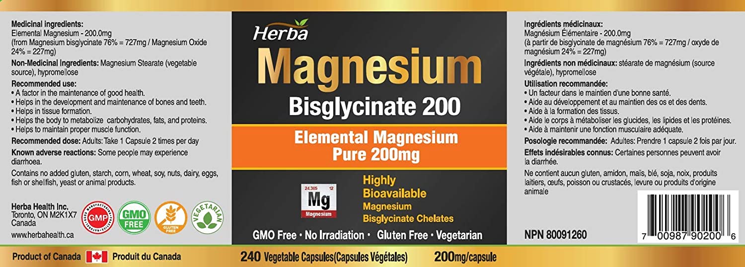Herba Magnesium Bisglycinate 200mg - 240 Vegetable Capsules