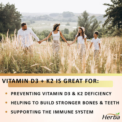 Herba D3 + K2 Vitamin with Silica and Boron Supplement - 120 Vegetable Capsules | Vitamin K2 MK-7 and Vitamin D3 1000 IU